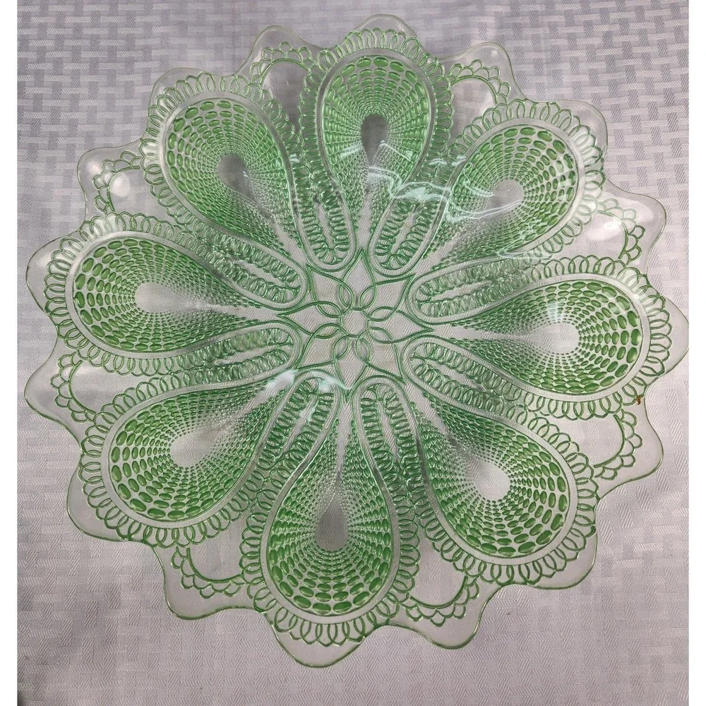 Turkish EFE Mint Green Etched Lace Glass Platter Art Hand Made Vintage